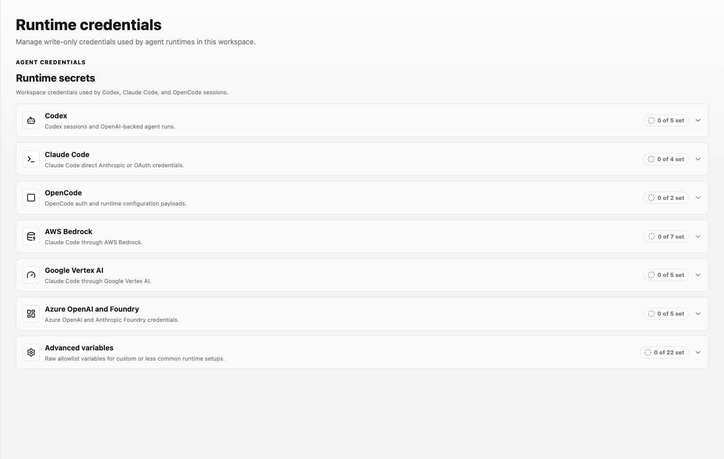 Runtime credentials listing Codex, Claude Code, OpenCode, and provider-specific options without secret values.
